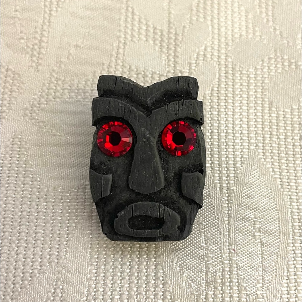 Tiki King RARE signed hand carved wood pin badge pinback red eyes HTF